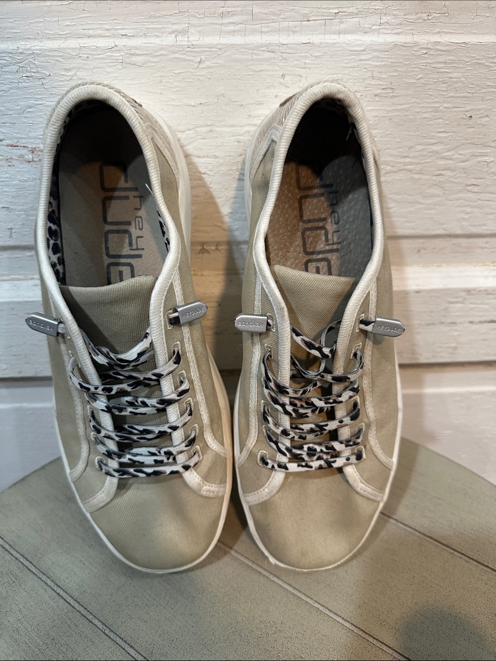 Hey Dude Taupe Canvas Sneakers with Leopard-Print Laces